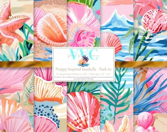 Preppy Inspired Seashells - Pack #2 Digital Paper, 10 Seamless Patterns for Printable Scrapbook Paper - Instant Download, shell, conch
