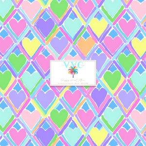May include: A colorful pattern featuring hearts in pink, purple, green, yellow, and orange, set within diamond shapes. The design includes a white rectangle with text and a palm tree logo. The background is white.