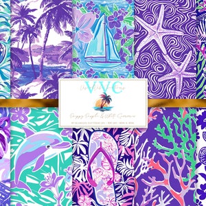 Preppy Lila & weiße Sommer-Digital-Papier, 10 nahtlose Muster für Printable Scrapbook - Instant Download, Sonnenbrille, Koralle, Palmen