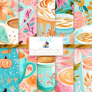 Preppy Fall Pumpkin Coffee Digital Paper, 10 Seamless Patterns for Printable Scrapbook Paper - Instant Download, autumn pattern, tea pattern