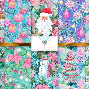 Preppy Christmas Pack #8, 10 Seamless Patterns, Pastel Holiday Trees, Ornaments, Santa, Deer, Snowmen, Gingerbread Houses