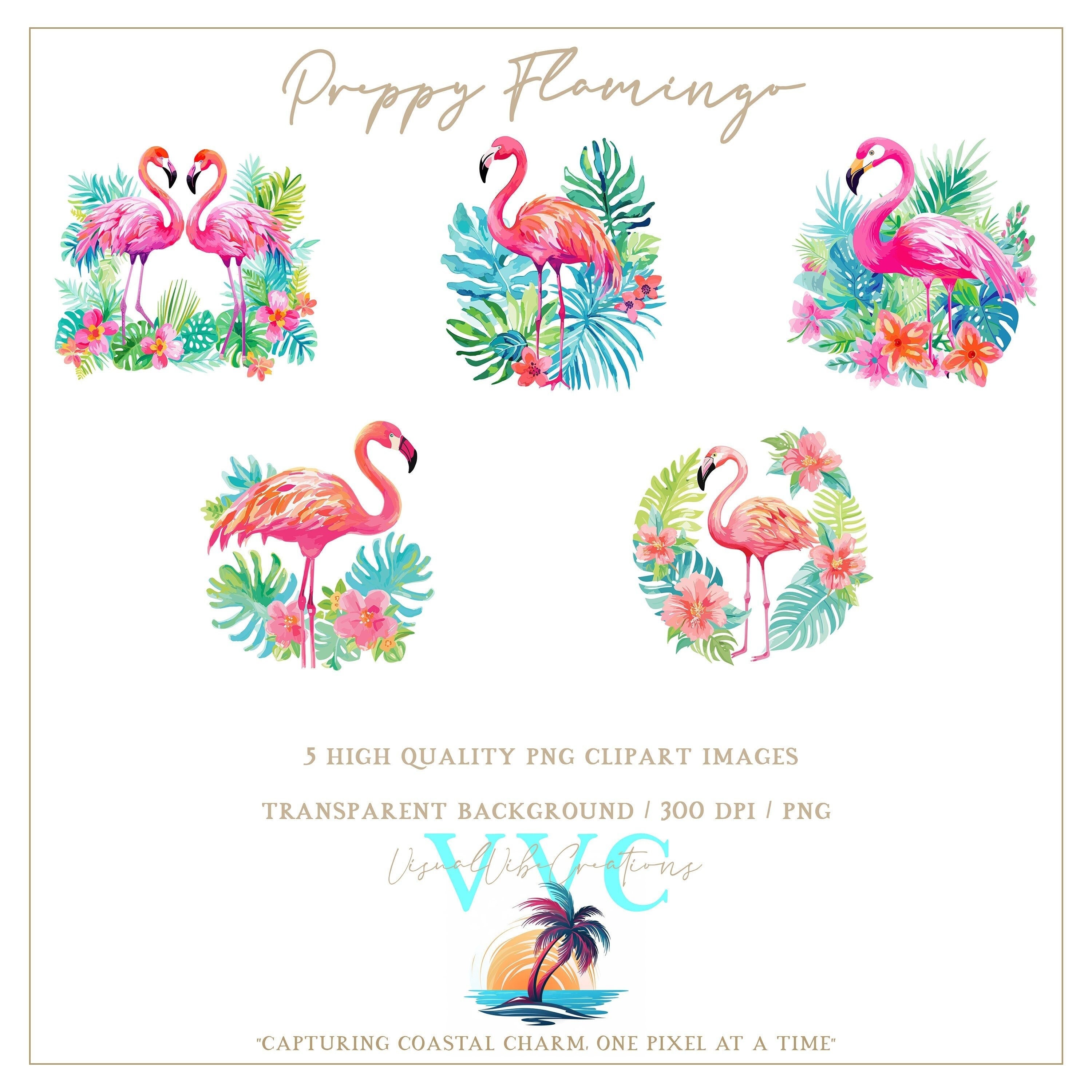 Preppy Flamingo Clipart Pack of 5 - transparent background in PNG - flamingos, bird, tropical bird, beach birds, pink birds, vibrant, summer