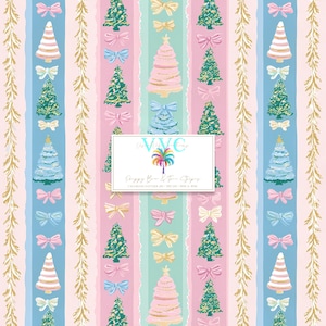 May include: A repeating pattern featuring Christmas trees, bows, and vertical stripes in pink, blue, and green. Gold-colored leaf-like designs border the stripes. The image includes a white rectangle with text and a logo.