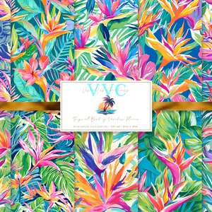 Tropischer Paradiesvogel Blumen, Papier, 10 nahtlose Muster für Scrapbook-Papier zum Ausdrucken - Instant Download