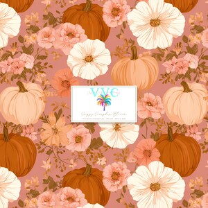 May include: A repeating pattern featuring pumpkins and flowers in shades of orange, peach, and cream, set against a dusty rose background. The design includes various sizes of pumpkins and floral arrangements, with the text "Poppy Pumpkin Bloom" in a white rectangle.