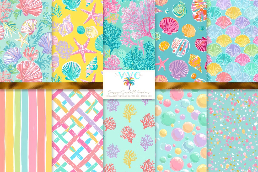 Seeshell Pattern Preppy Seashell Garden, 10 Seamless Patterns, Coastal Seashell Digital ...