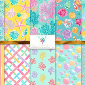 May include: A collection of colorful, patterned digital papers featuring seashells, starfish, coral, and abstract designs. The color palette includes pink, yellow, teal, and purple. The image includes the text "VVC Scrappy Sandcastle Studios".