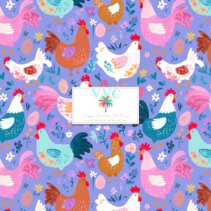 May include: A seamless pattern featuring colorful roosters and hens in shades of pink, white, brown, and teal on a light purple background with small flowers and eggs. A central white label displays the text VVC Poppy Garden Chickens.