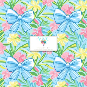 May include: A seamless pattern featuring blue bows, pink and yellow flowers, and green leaves on a light blue background. The text "Happy Blue You" is in the center of the image.