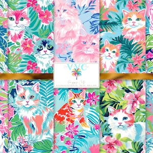 Gatos elegantes, 10 padrões perfeitos, selva tropical pastel com gatinhos e flores fofos, papel digital de gato excêntrico para amantes de animais de estimação imagem 1