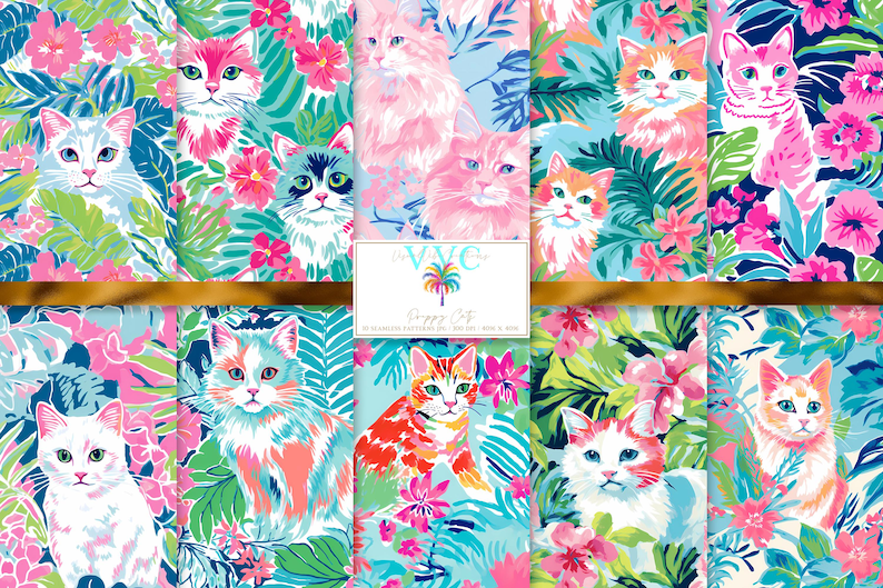 Gatos elegantes, 10 padrões perfeitos, selva tropical pastel com gatinhos e flores fofos, papel digital de gato excêntrico para amantes de animais de estimação imagem 1