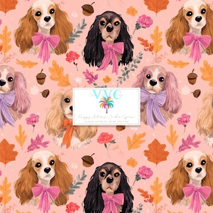 May include: A seamless pattern on a light pink background featuring illustrations of spaniel dogs with bows, acorns, and autumn leaves. The central white rectangular label displays the text VVC, a palm tree icon, and Puppy Autumn Cocker Span.