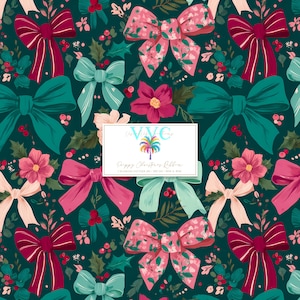May include: A seamless pattern featuring a dark green background with festive bows in shades of pink, red, and teal, interspersed with holly leaves and berries. A white rectangular label displays the text VVC, a palm tree icon, and Poppy Christmas Ribbon.