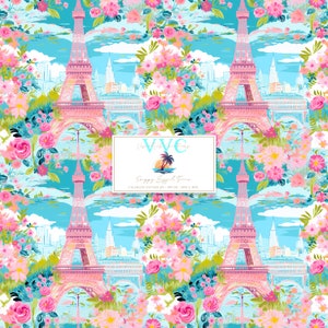 Papier numérique Preppy Tour Eiffel, 1 modèle sans couture pour papier de scrapbooking imprimable, téléchargement immédiat, france, europe, paris, français, floral