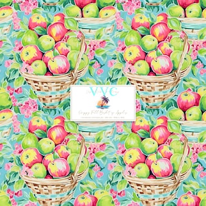 May include: A seamless pattern featuring a repeating design of baskets filled with red and green apples. The baskets are woven with brown and blue stripes and are set against a light blue background with pink flowers. The text "Poppy Fall Basket of Apples" is included in the design.