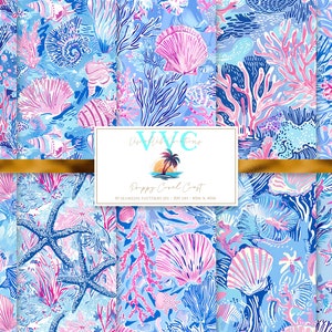 Papel digital Preppy Coral Coast, 10 patrones sin costuras para papel de álbum de recortes imprimible - Descarga instantánea, concha, vida marina, océano, estrella de mar