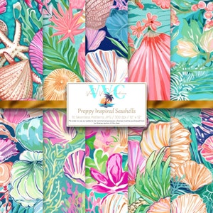 Preppy Inspired Seashells Digital Paper, 10 Seamless Patterns for Printable Scrapbook Paper - Instant Download, shells, conch