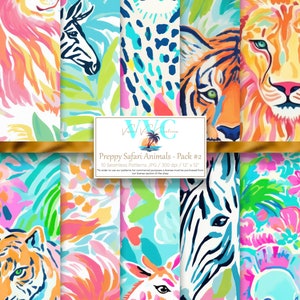 Preppy Safari Animals Pack #2 Digitales Papier, 10 nahtlose Muster für Printable Scrapbook Papier - Instant Download, Island, Tiger
