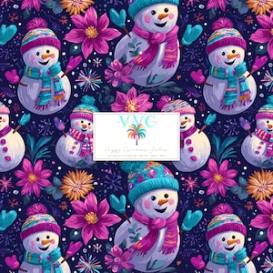 May include: A seamless pattern featuring smiling snowmen wearing colorful knit hats and scarves, interspersed with vibrant pink and orange flowers and snowflakes on a dark blue background. A central white rectangular label displays text.