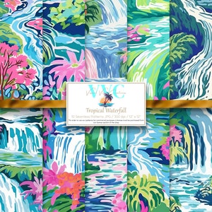 May include: Ten digital seamless patterns featuring a tropical waterfall design with bright blue, green, pink, and white colors. The patterns are 12 inches by 12 inches and 300 dpi.
