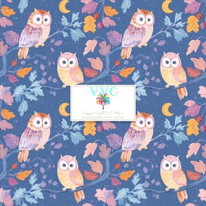 Estampado de búho nocturno mágico otoñal, 1 patrón sin costuras de búho pastel, fondo de luna otoñal, temática de cielo nocturno con bosque caprichoso
