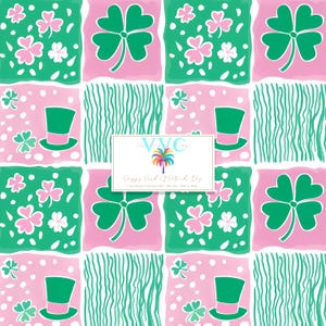 May include: A seamless pattern featuring a pink and green patchwork design with shamrocks, hats, and polka dots. The text "Happy St. Patrick's Day" is included in the pattern.