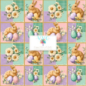 May include: A repeating pattern featuring Easter bunnies, decorated eggs, and daisies. The design is set against a backdrop of pastel squares in shades of pink, green, and purple, with a gold border. The text "Happy Patchwork Easter" is visible.