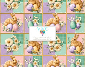 Adretter Patchwork Ostern, 1 Nahtlose Muster, Pastell Häschen Daisy Quilt Digitales Papier, Frühling Ostern Hintergrund