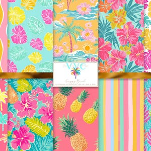 May include: A collection of colorful tropical-themed patterns. Designs include palm trees, hibiscus flowers, pineapples, and abstract wave and leaf patterns. The color palette features pink, yellow, teal, and orange hues. The text "Happy Beach" is visible.