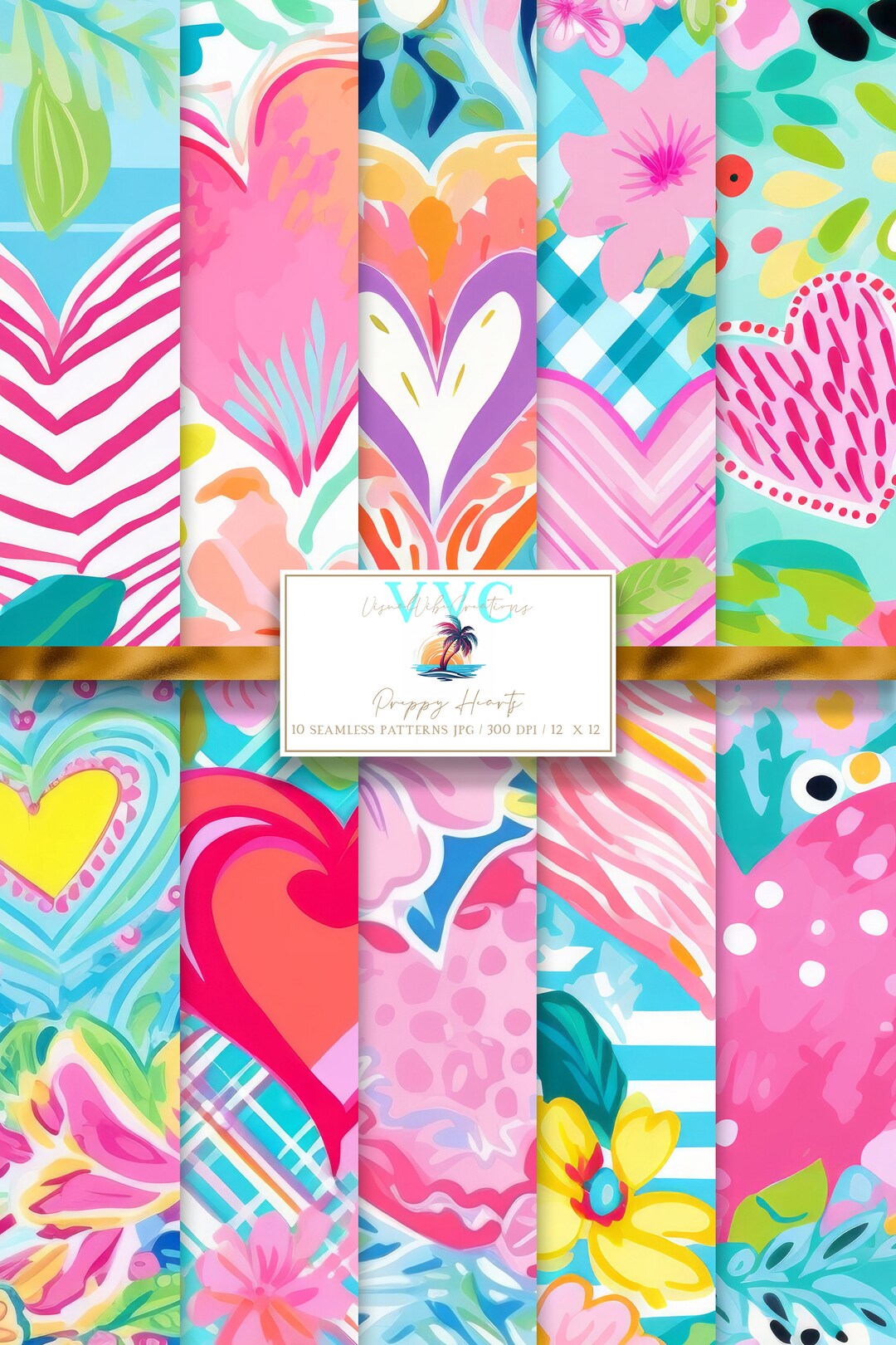 Preppy Hearts Digital Paper, 10 Seamless Patterns for Printable