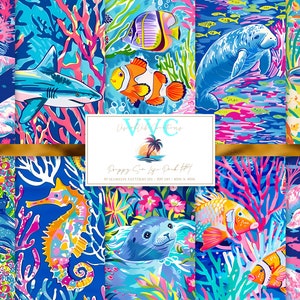 Preppy Sea Life Pack #4 Digitales Papier, 10 nahtlose Muster für Printable Scrapbook Papier - Instant Download, Hai, Delfin, Robbe, Koralle