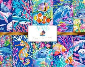 Preppy Sea Life Pack #4 Digital Paper, 10 Seamless Patterns for Printable Scrapbook Paper - Instant Download, shark, dolphin, seal, coral
