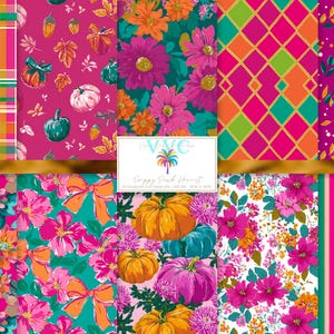 May include: A collection of colorful digital paper patterns. Designs include plaid, floral, geometric, and pumpkin motifs in shades of pink, orange, green, and white. The patterns are suitable for various craft projects and digital designs.