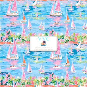 Carta digitale Preppy Sailboat Island, 1 modello senza cuciture per carta scrapbook stampabile-download istantaneo, spiaggia, tropicale, barca, yacht, costa