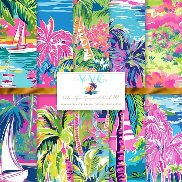 Palm Tree Tropical Pack #2 Digital Paper, 10 Seamless Preppy Floral Patterns for Printable Scrapbook Paper - Instant Download Commercial Use