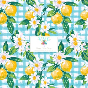 Preppy Citrus Breeze - 1 nahtloses Zitronen- und Gänseblümchenmuster auf Aqua Gingham, lebendiges Pastellsommerpicknick Digitaler Download