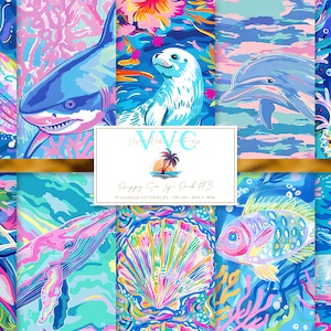 Preppy Sea Life Pack #3 Digitales Papier, 10 nahtlose Muster für Printable Scrapbook Papier - Instant Download, Hai, Delfin, Robbe, Muschel