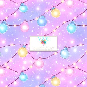 May include: A seamless pattern featuring a repeating design of pastel colored Christmas lights with a pink and purple background. The lights are strung together with a white cord and have a soft glow. The background is covered in small white dots and snowflakes.