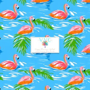 May include: A repeating pattern of pink flamingos with orange accents floating on a blue water background. Green palm fronds are interspersed throughout the design. A white rectangle with text is in the center of the image.