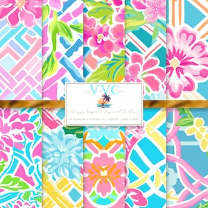 Puede incluir: Un conjunto de 10 patrones digitales sin costuras que presentan un diseño floral tropical con colores rosa, azul, verde y amarillo. Los patrones son de 4096 x 4096 píxeles y 300 DPI. El texto "Happy Inspired Tropical Folios" está incluido en la imagen.