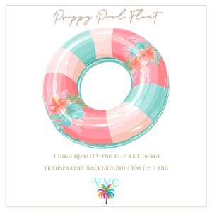 Puede incluir: Un flotador de piscina circular con segmentos alternos en rosa coral, rosa claro y azul turquesa. El diseño incluye ilustraciones florales de flores de hibisco y hojas tropicales. El texto dice Preppy Pool Float.