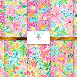 Preppy Summer Sunshine Floral, 10 Seamless Patterns Digital Paper, Bright Colorful Flower Printable Scrapbook Paper, Summer Floral Decor