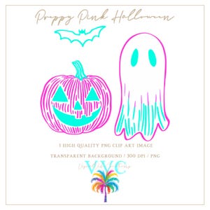 May include: Preppy Pink Halloween clip art set featuring a pink and turquoise pumpkin with a jack-o-lantern face, a ghost with turquoise accents, and a bat.