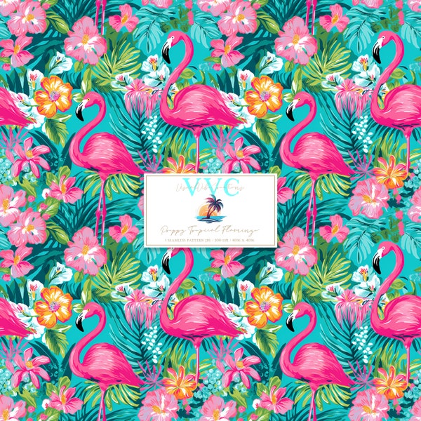 Preppy Tropical Flamingo Digital Paper, 1 Seamless Pattern for Scrapbook Paper - Instant Download, print, beach, summer, ocean