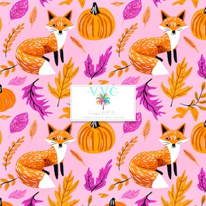 Renard BCBG, 1 modèle sans couture, Design renard automne, impression bois rose et orange, fond citrouille et feuille, téléchargement numérique