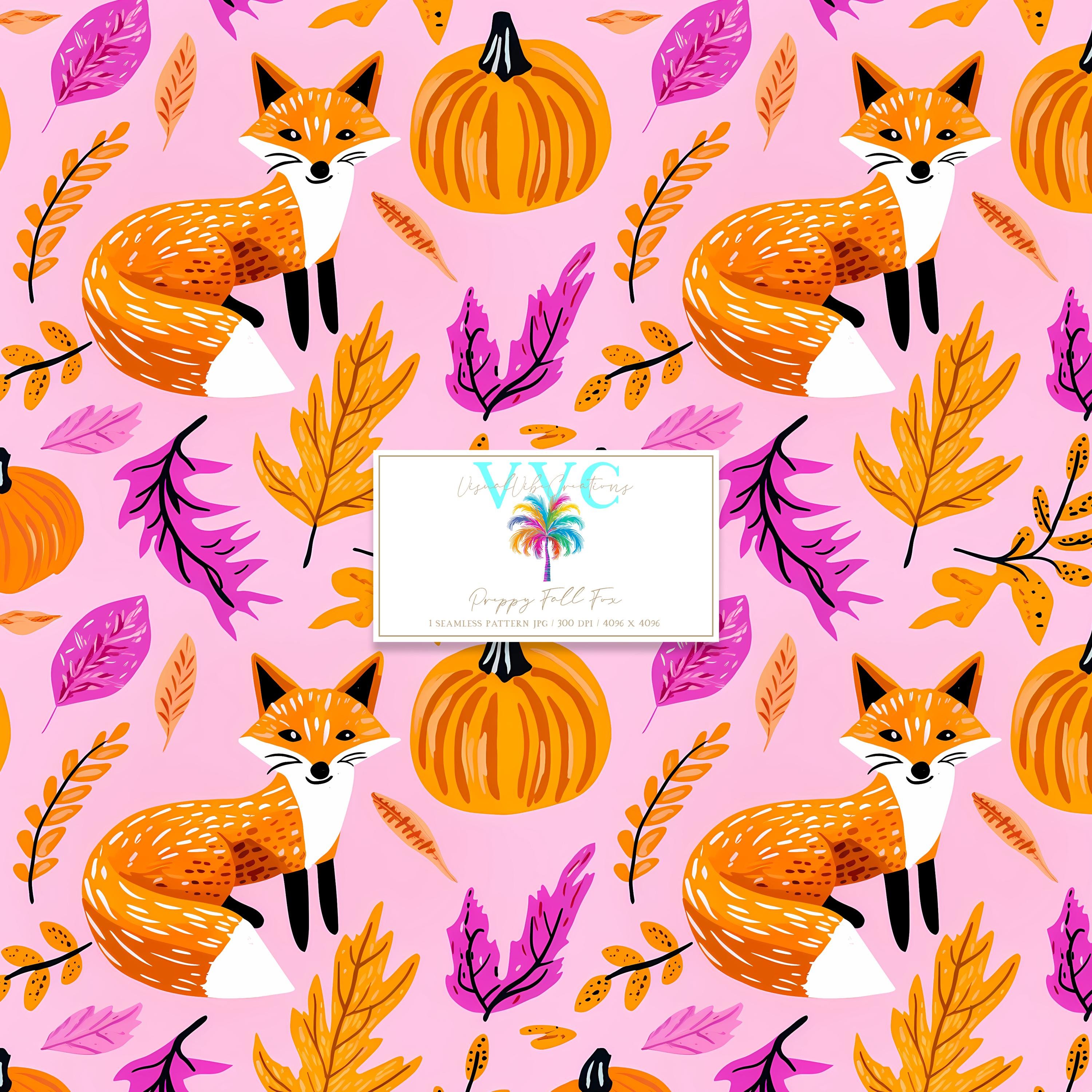 Preppy Fall Fox, 1 Seamless Pattern, Autumn Fox Design, Pink and Orange Woodland Print, Pumpkin and Leaf Background, Digital Download