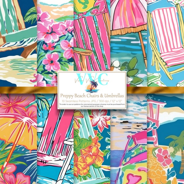 Preppy Beach Chairs & Umbrellas Digital Paper, 10 Seamless Patterns for Printable Scrapbook Paper - Instant Download Commercial Use, vibrant