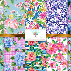 May include: A set of 10 digital paper patterns featuring various floral designs. The patterns include pink, blue, green, and white flowers on a variety of backgrounds, including plaid, stripes, and solid colors. The patterns are perfect for scrapbooking, card making, and other crafting projects.