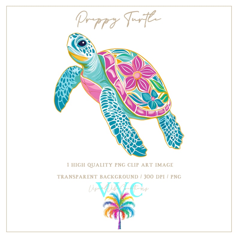 Op de afbeelding: Een kleurrijke preppy schildpad met een roze, blauwe en gele bloemenprint op zijn schild. De schildpad is omrand met goud en heeft een turquoise lichaam.