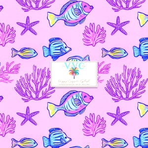 May include: A seamless pattern featuring a pink background with colorful fish, coral, and starfish. The fish are blue, pink, and yellow with white stripes. The coral is purple and pink. The starfish are purple. The pattern is titled "Poppy Coral Splash" and is a seamless repeat.